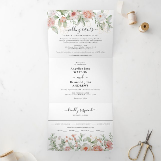 Hübsch in der Botanischen Hochzeit von Peach Dreifach Gefaltete Einladung (Innenseite)