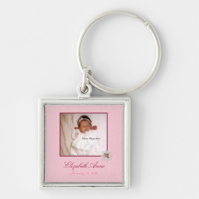 Hübsch in Pink Girly Foto Geburtsankündigung Schlüsselanhänger (Vorne)