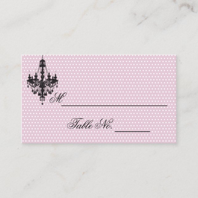Hübsch in Pink Polka Dots mit Black Chandelier Pl Platzkarte (Vorderseite)