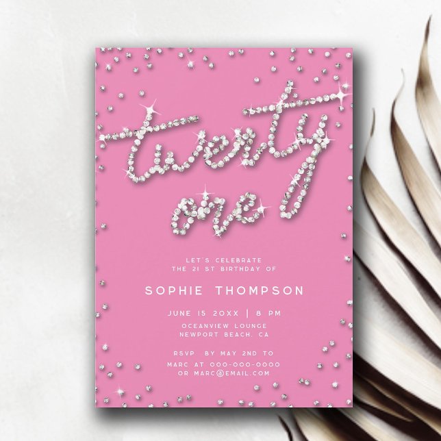 Hübsch in Pink Rhinestones Elegant 21. Geburtstag Einladung (pretty in pink rhinestones 21st birthday invite for girls elegant modern simple classy invitation)