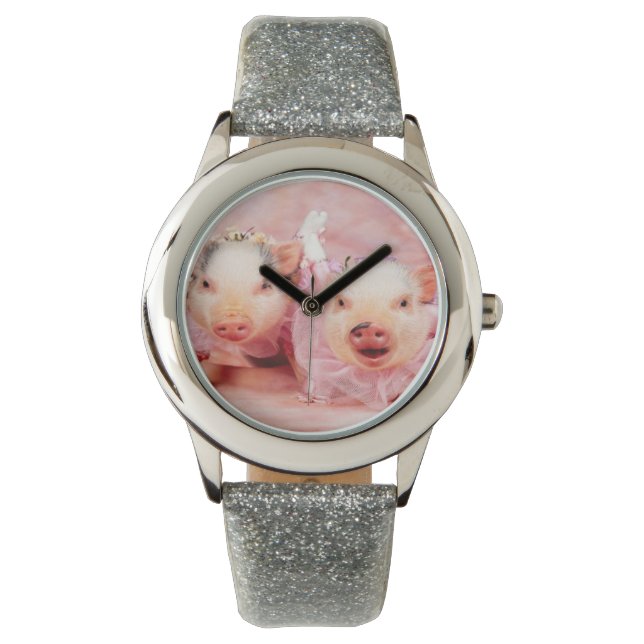 Hübsch in rosa Schweine Kinder Glitzer beobachten Armbanduhr (Vorderseite)
