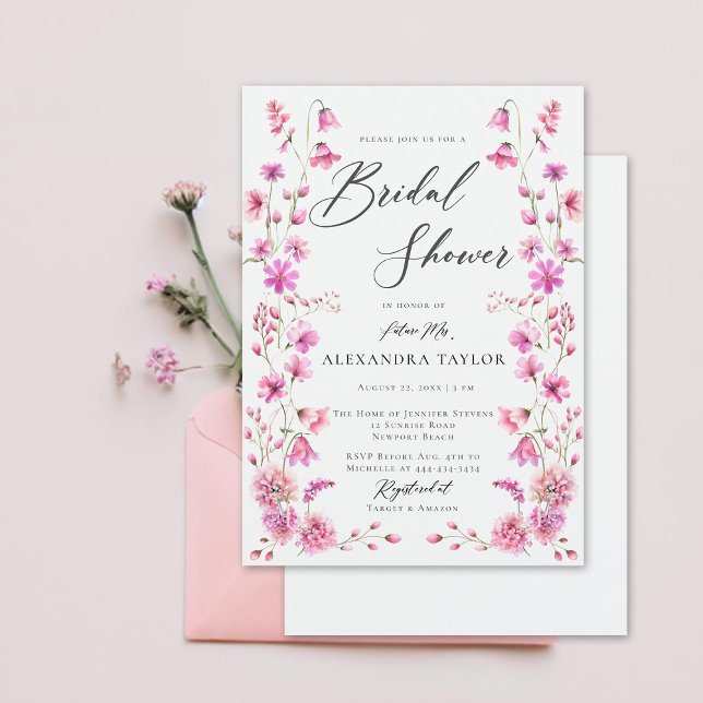 Hübsch in Rosa Wildblume Boho Frame Brautparty Einladung (pretty in pink wildflowers boho frame bridal shower invitation elegant rustic romantic feminine)