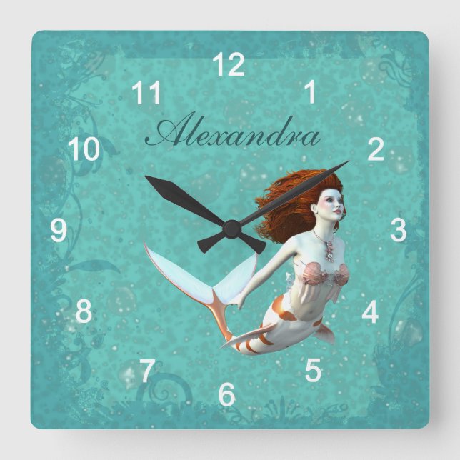 Hübsch Koi Mermaid schwimmen unter Wasser Quadratische Wanduhr (Vorderseite)