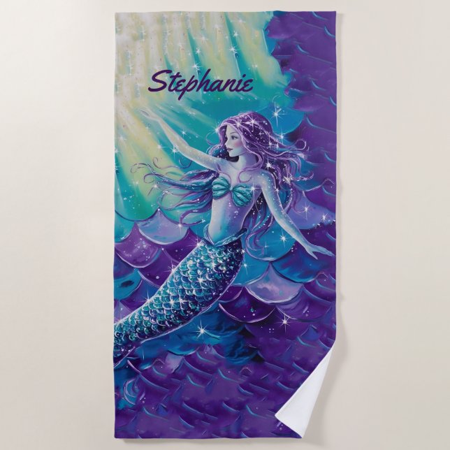 Hübsch Lila Mermaid Personalisiert Strandtuch (Vorderseite)