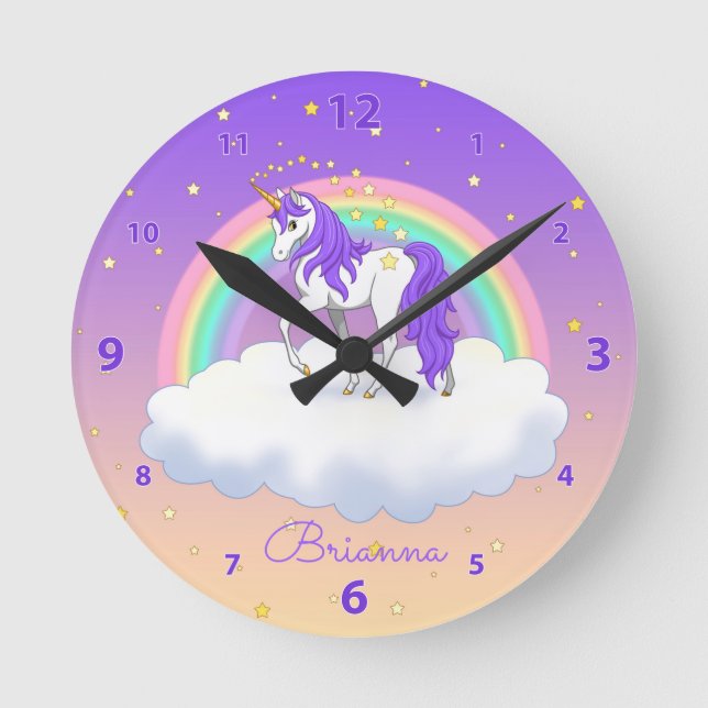 Hübsch Lila süße Träume Regenbogen Einhorn Runde Wanduhr (Vorderseite)