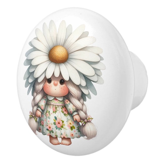 Hübsch Little White Daisy Girl Gnome Keramikknauf (Rechts)