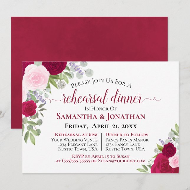 Hübsch Magenta Roses Hochzeitsessen Probe Einladung (Vorne/Hinten)