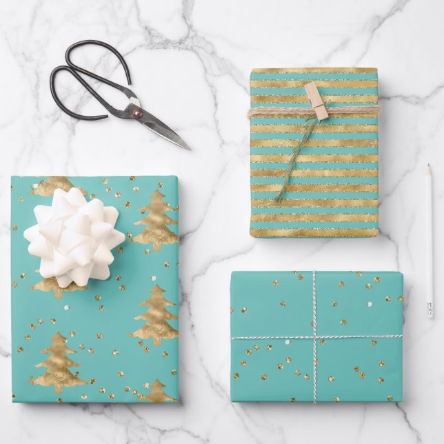 Hübsch Mint Gold Weihnachtsbaum Glitz Geschenkpapier Set (Vorderseite)
