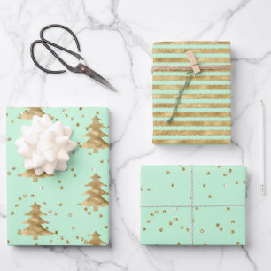 Hübsch Mint Green Gold Weihnachtsbaum Geschenkpapier Set
