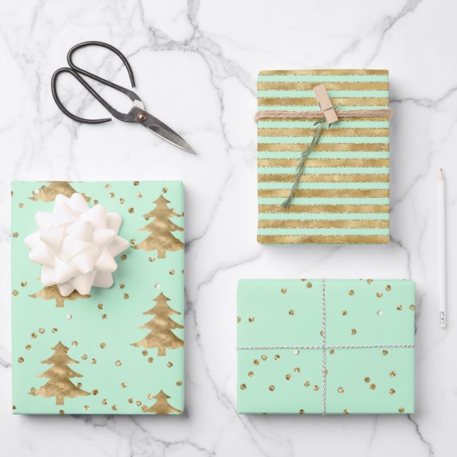Hübsch Mint Green Gold Weihnachtsbaum Geschenkpapier Set (Vorderseite)