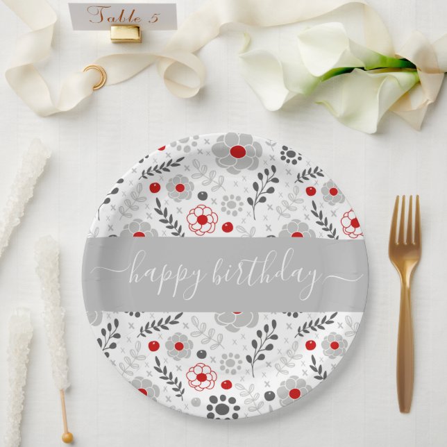 Hübsch Moderne Blume Rot und Grau Geburtstag Pappteller (Hochzeit)
