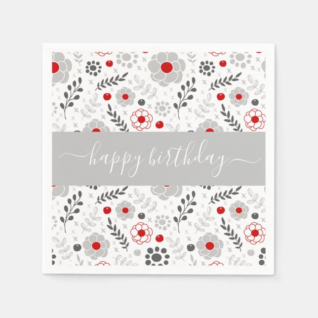 Hübsch Moderne Blume Rot und Grau Geburtstag Serviette (Vorderseite)