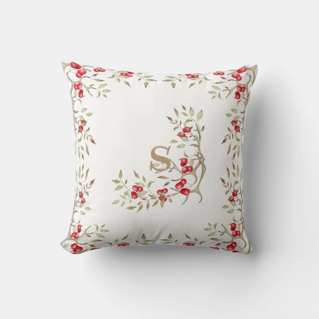 Hübsch Monogram Red Berries Christmas Deer Antlers Kissen (Vorderseite)
