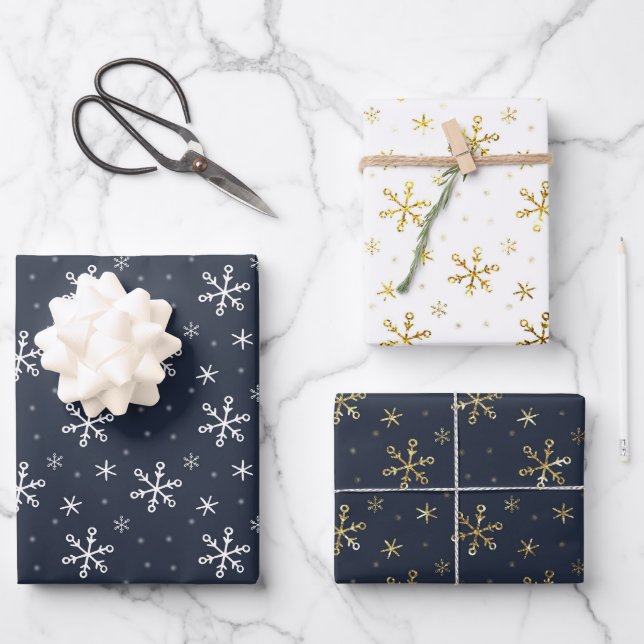 Hübsch Navy Blue Christmas Snowflake Trio Mix Geschenkpapier Set (Vorderseite)