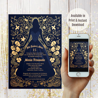 Hübsch Navy Gold Mis Quince Años Quinceañera Einladung