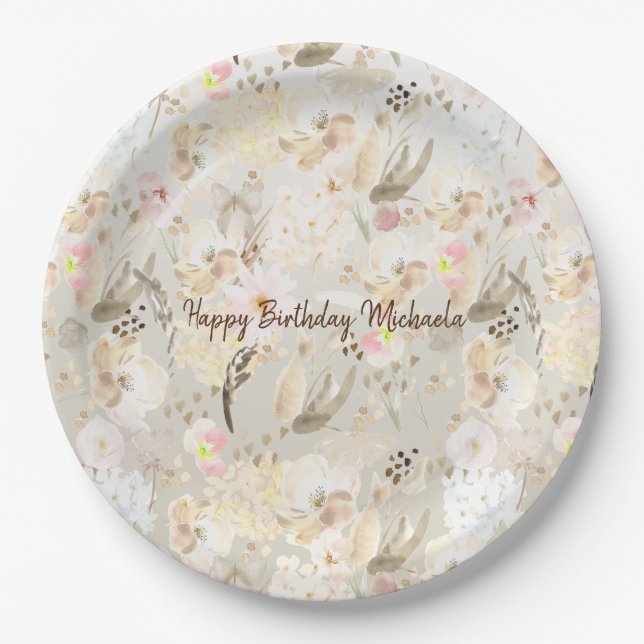 Hübsch neutrale Creme Pink Floral Pappteller (Vorderseite)