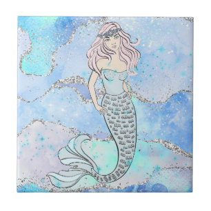 Hübsch Ocean Mermaid Blue Silver Glitzer Design Fliese