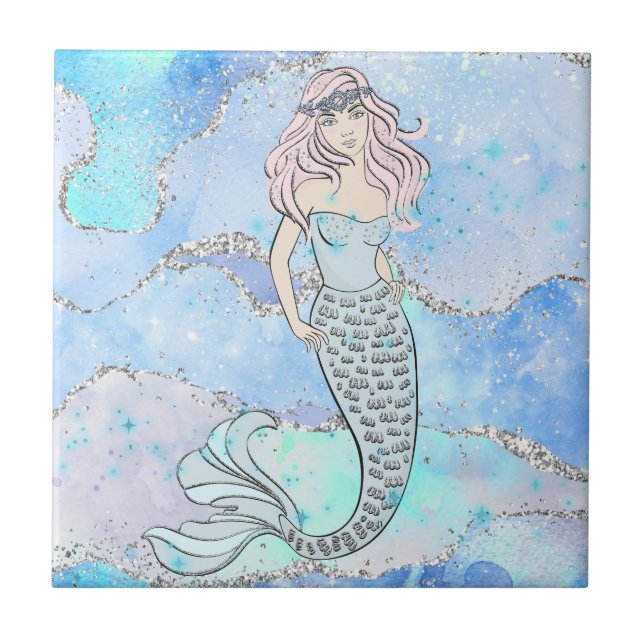 Hübsch Ocean Mermaid Blue Silver Glitzer Design Fliese (Vorderseite)