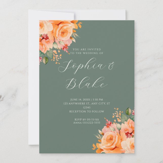 Hübsch Orange Floral Elegante Grüne Hochzeit Einladung (Vorderseite)