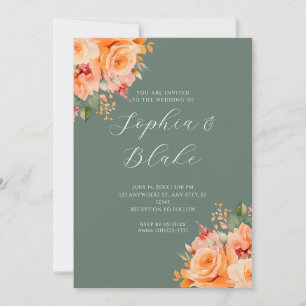 Hübsch Orange Floral Elegante Grüne Hochzeit Einladung
