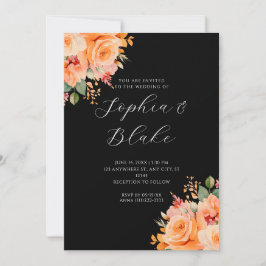 Hübsch Orange Floral Elegante Schwarze Hochzeit Einladung