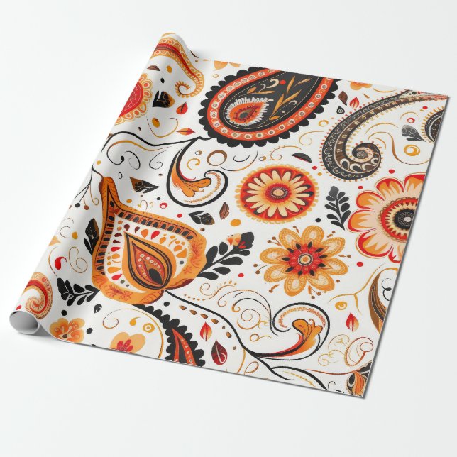 Hübsch Orange Green Mix Floral Paisley Muster Geschenkpapier (Ungerollt)