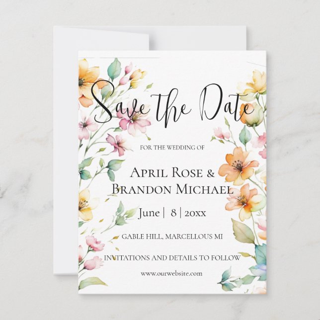 Hübsch Orange Pink Aquarellfarben Wildblumen Save The Date (Vorderseite)