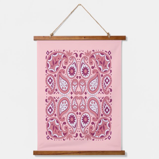 Hübsch Paisley Abstrakte Muster Farbtöne in Rosa Wandteppich Mit Holzrahmen (Vorderseite)