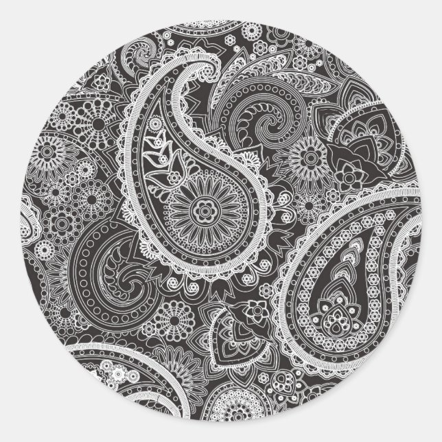 Hübsch Paisley Schwarz-weißes Muster Runder Aufkleber (Vorderseite)