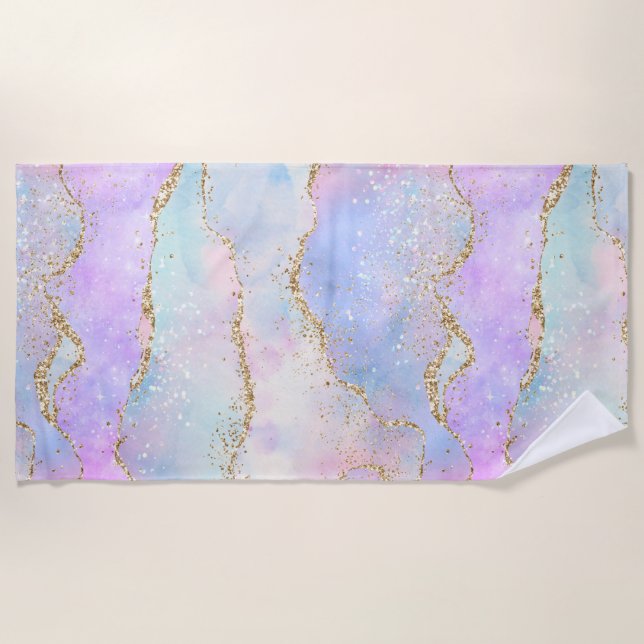 Hübsch Pastel Agate | Gold Glitzer Vein Watercolor Strandtuch (Vorderseite)
