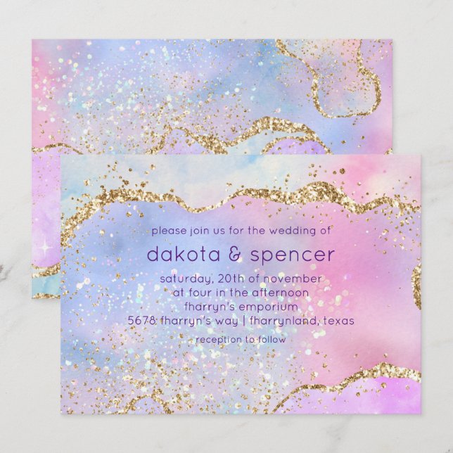 Hübsch Pastel Agate | Rainbow Watercolor Wedding Einladung (Vorne/Hinten)