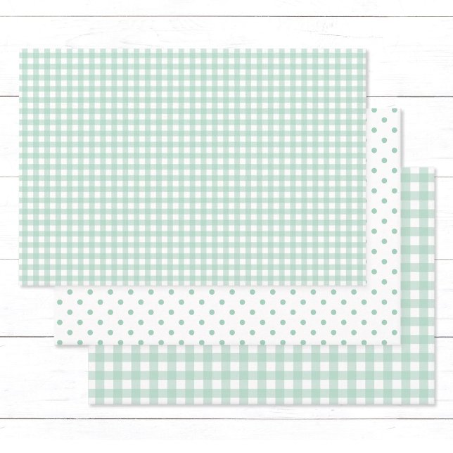 Hübsch Pastel Mint Green Gingham Karo Polka Dots Geschenkpapier Set (Elegant pastel mint and white gingham and polka dots pattern gift wrapping paper sheets.)