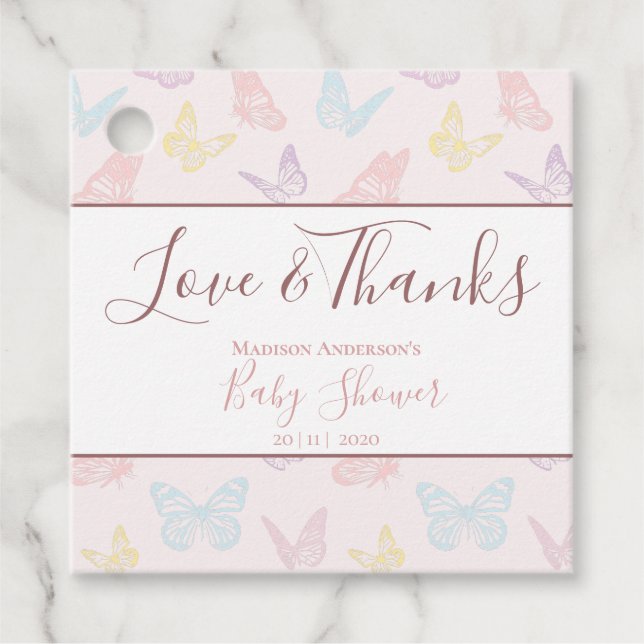 Hübsch Pastel Pink Butterfly Babydusche Danke Geschenkanhänger (Vorderseite)