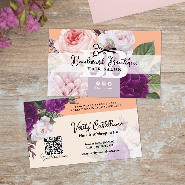 Hübsch Peach Floral Hair Salon Stylist QR Code Visitenkarte (Von Creator hochgeladen)
