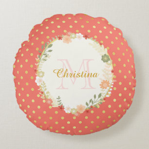 Hübsch Peach Polka Dot Floral Name und Monogramm Rundes Kissen