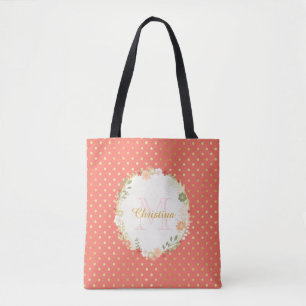 Hübsch Peach Polka Dot Floral Name und Monogramm Tasche