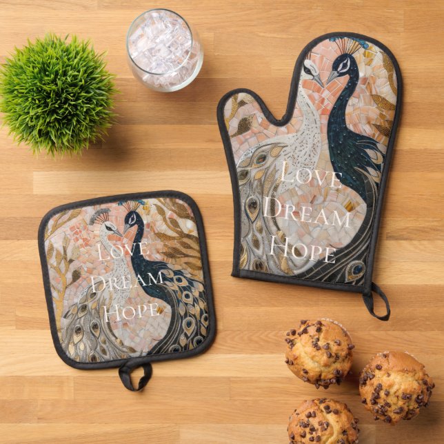 Hübsch Peacock Pink Gold Glam Ofenhandschuh & Topflappen-Set (Oben Unten)