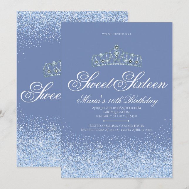 Hübsch Periwinkle Glitzer, Sweet 16 Einladungen (Vorne/Hinten)