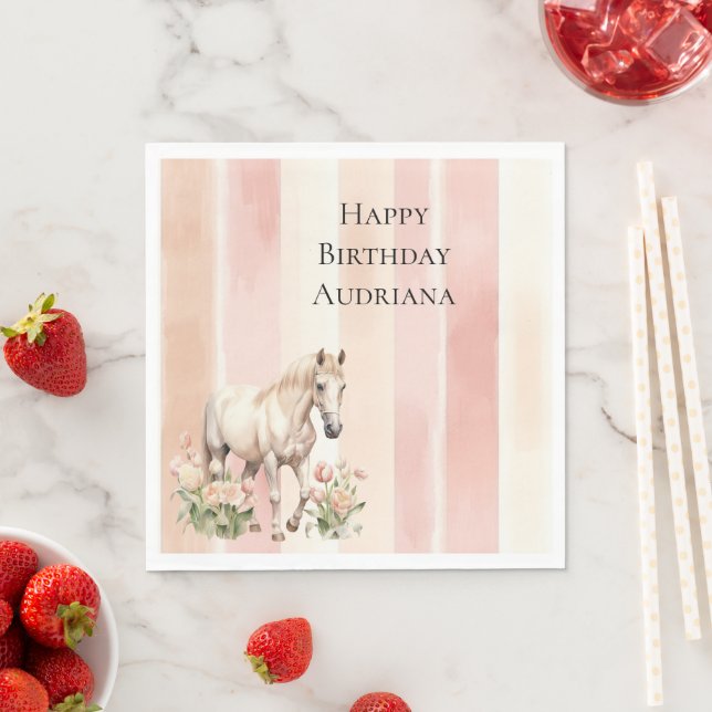 Hübsch Pfirsichrosa Creme Streifen Birthday Serviette (Beispiel)