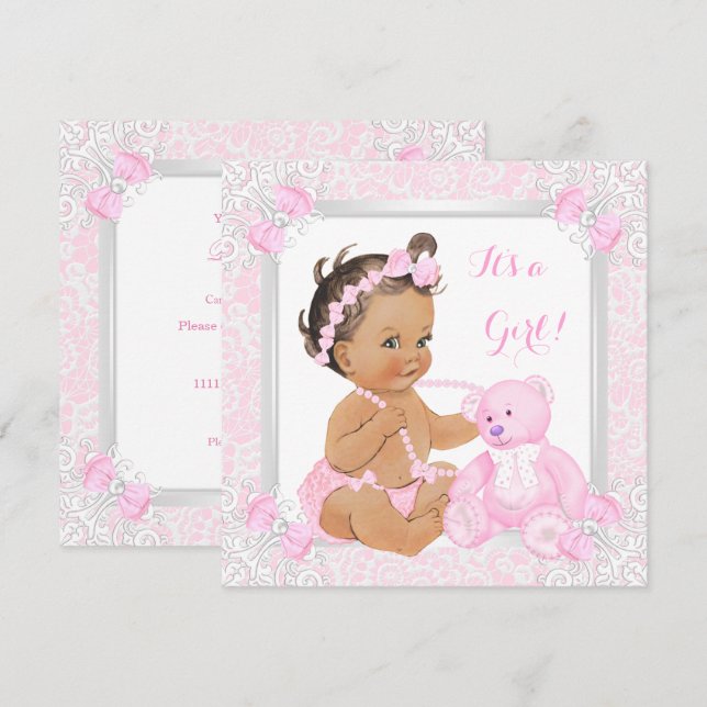 Hübsch Pink Baby Dusche Girl Lace Bär Brünett Einladung (Vorne/Hinten)