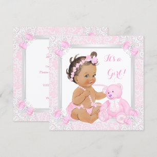Hübsch Pink Baby Dusche Girl Lace Bär Brünett Einladung