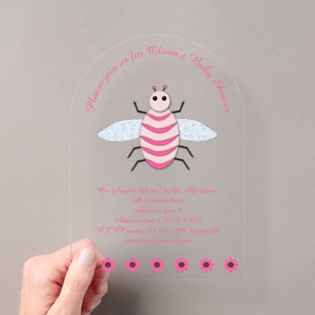 Hübsch Pink Baby Girl Bee Custom Baby Dusche Acryleinladungen (Insitu (Handheld))