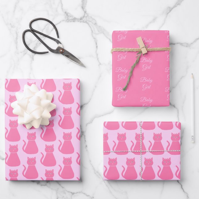 Hübsch Pink Baby Girl Cat Custom Baby Dusche Geschenkpapier Set (Vorderseite)