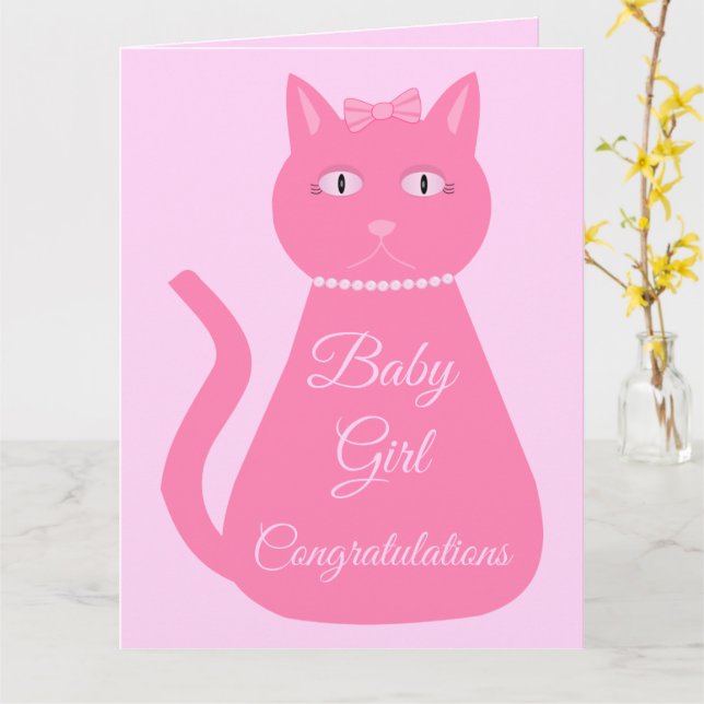 Hübsch Pink Baby Girl Cat Custom Baby Showkarte Karte (Gelbe Blume)