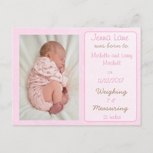 Hübsch Pink Baby Girl Geburtsankündigung Postkarte (Vorderseite)