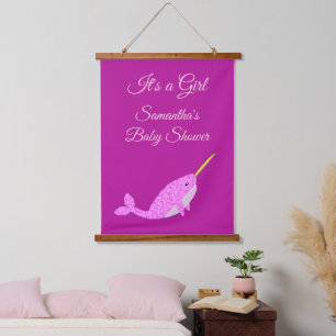 Hübsch Pink Baby Girl Narwhal Custom Baby Dusche Wandteppich Mit Holzrahmen