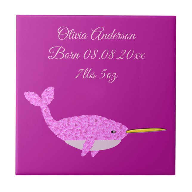 Hübsch Pink Baby Girl Narwhal Custom Birth Fliese (Vorderseite)