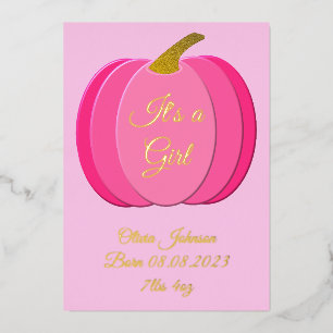 Hübsch Pink Baby Girl Pumpkin Geburtserklärung Folien Feiertagskarte