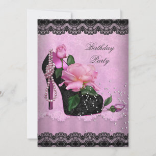 Hübsch Pink Birthday Party Rose Hi Heel Black Lace Einladung