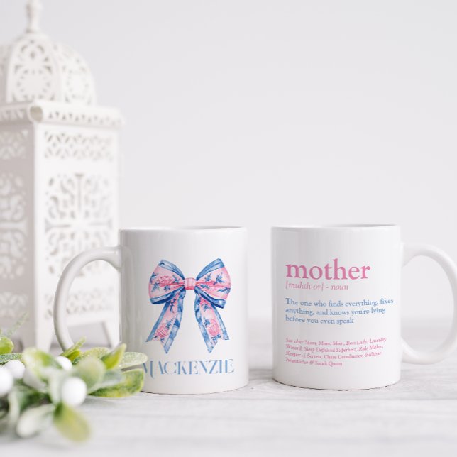 Hübsch Pink & Blue Chinoiserie Bow Mother Kaffeetasse (Pretty double sided mug with mother definition on one side and bow and moms name on the other)